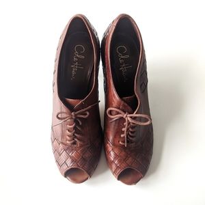 Preppy Cole Haan woven Peep toe lace up high heel shoes
